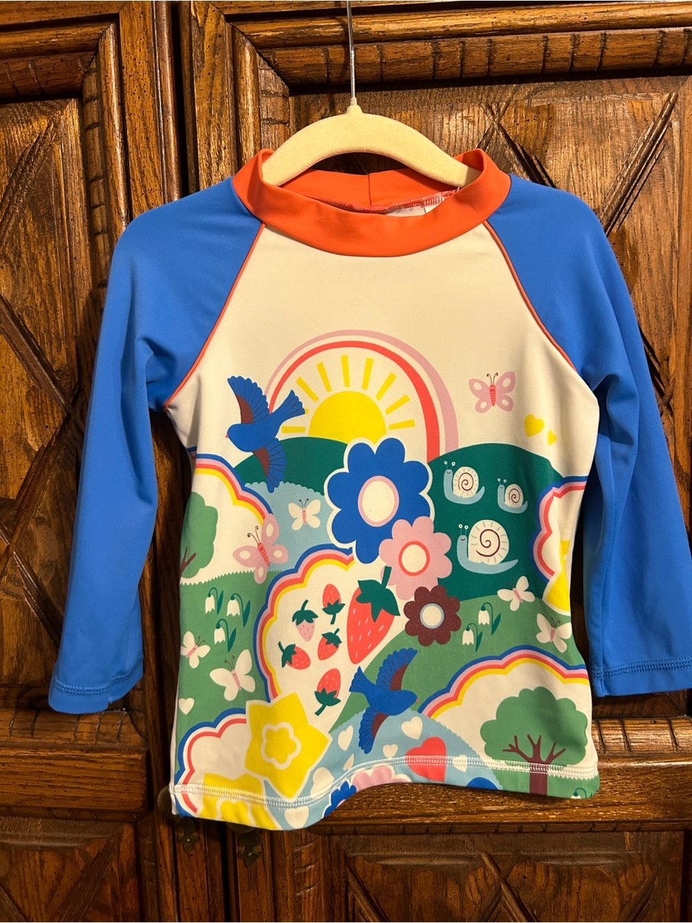 Mini Boden Girls' Long-Sleeve Rash Guard - Blue Sleeves & Multi Floral Print